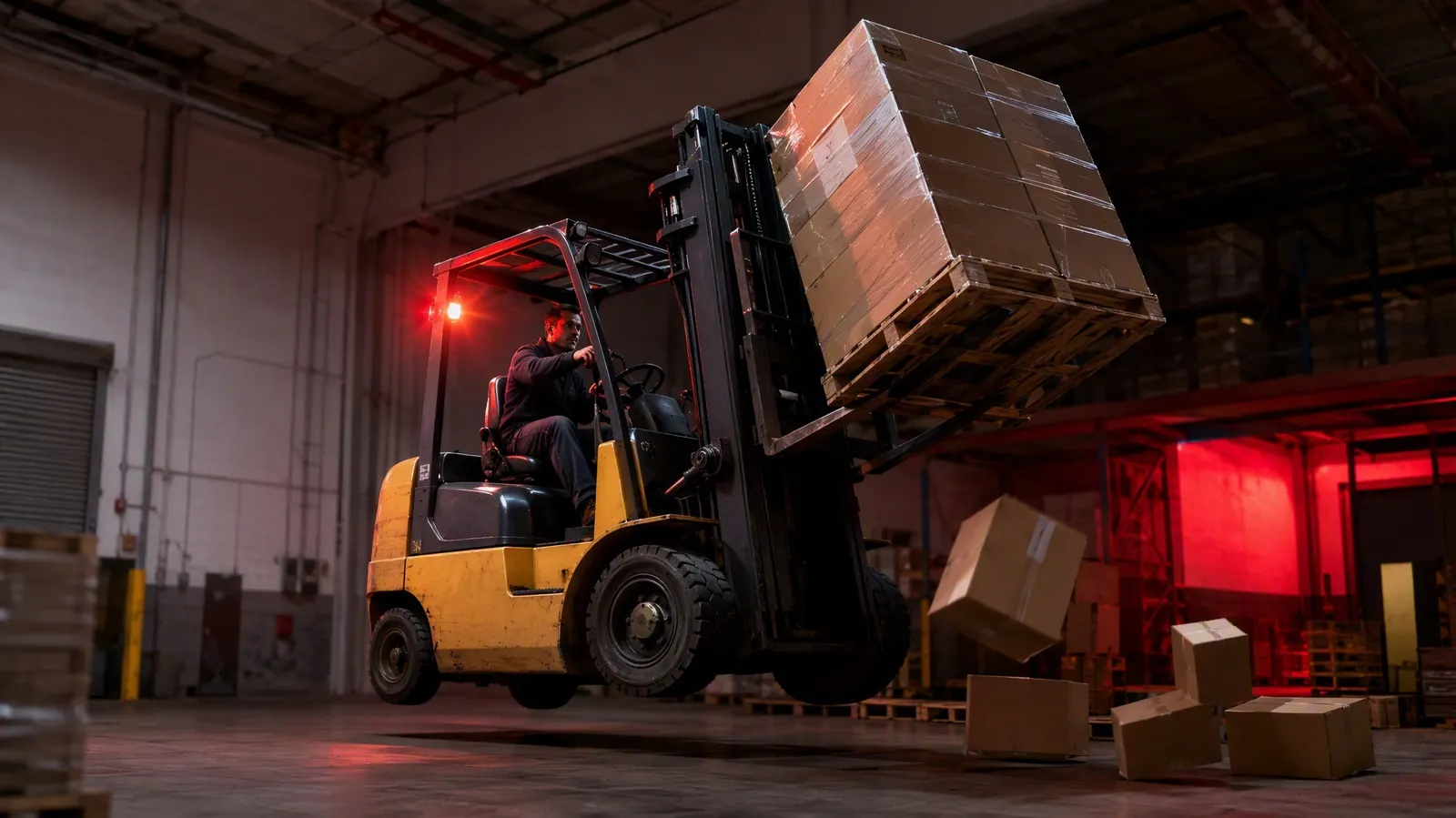 Forklift truck braking hard with a raised load