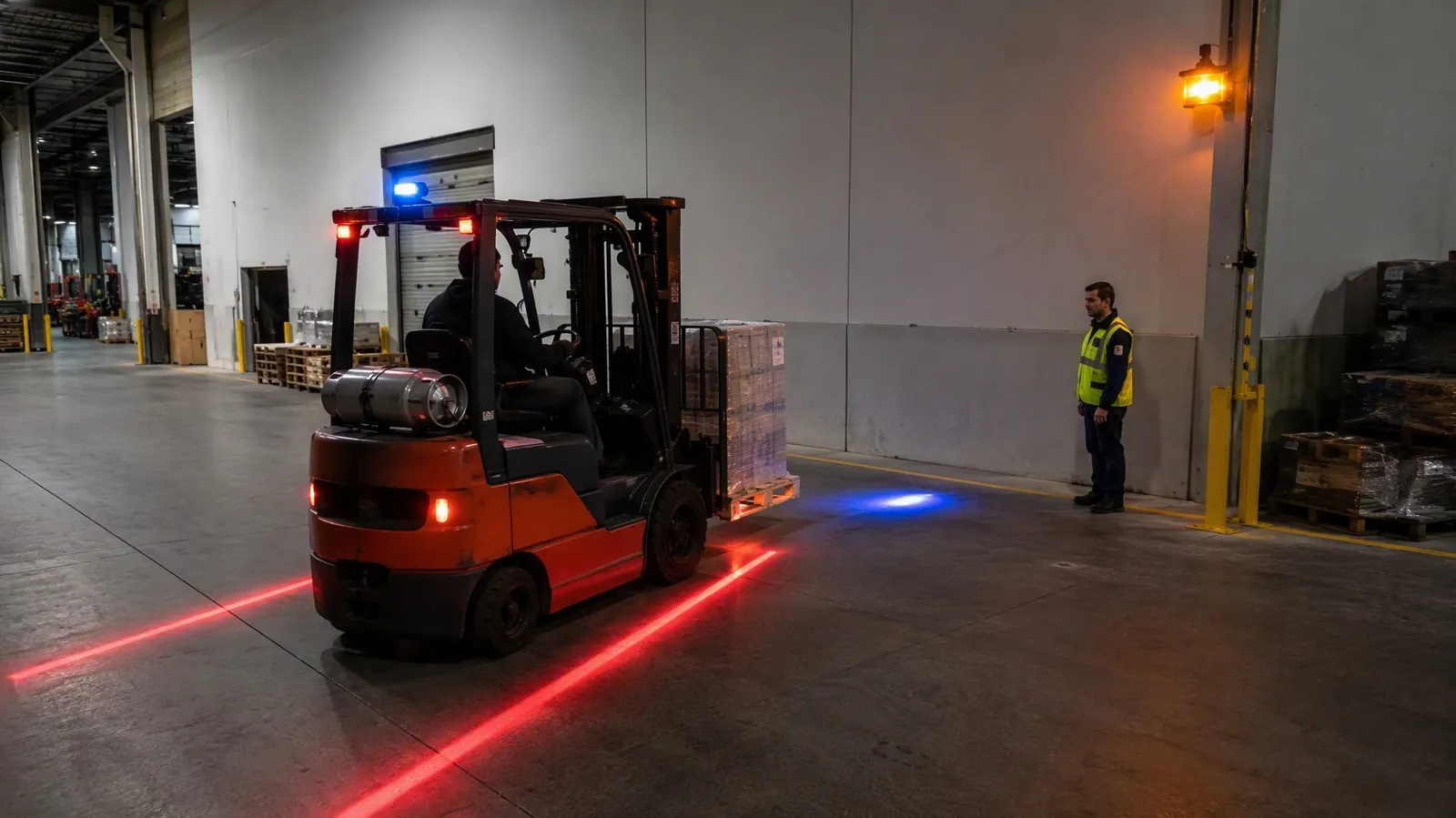 Forkliftte kırmızı lazer çizgiler ve mavi spot