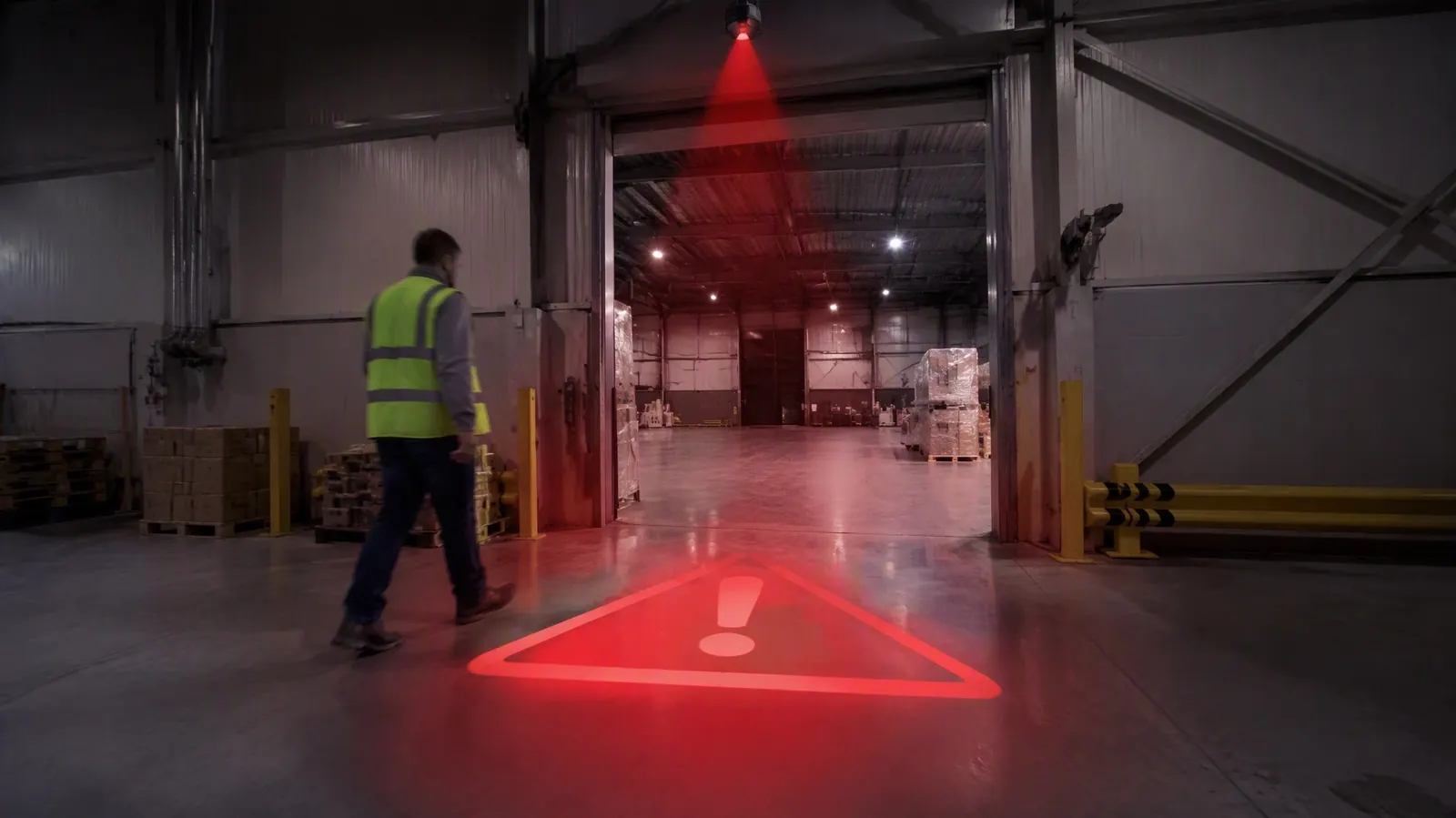 Warning symbol projected in front of a doorway