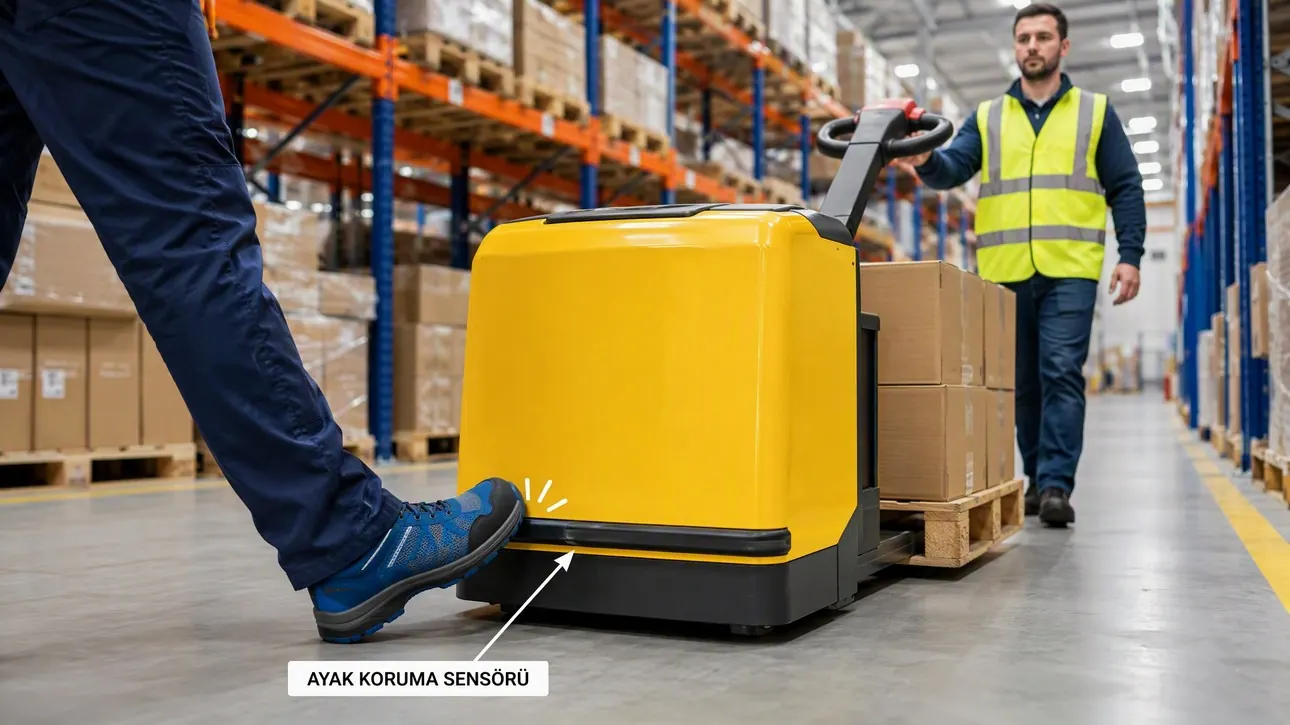 Touch-sensitive foot protection switch on a pedestrian pallet truck